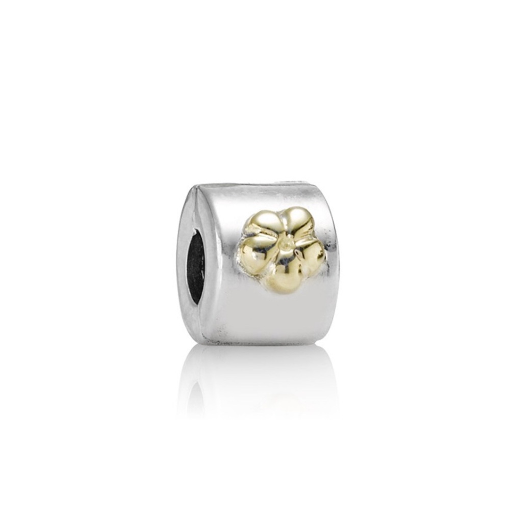 NEW Pandora RETIRED Two Tone 14k Flower Clip Gold 925 Sterling Silver